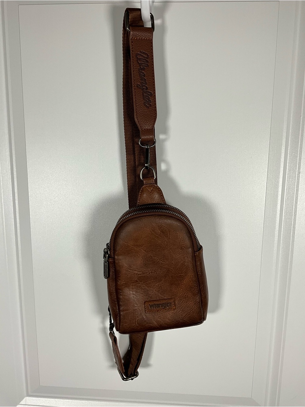Wrangler Mini Sling Bag Crossbody Chest Pack in Rich Brown Faux Leather